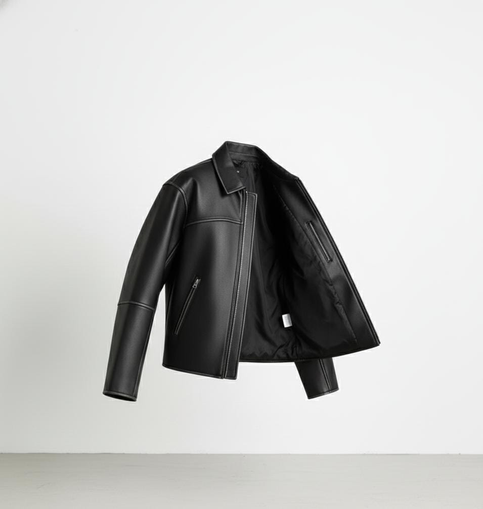 Premium Black Leather Zip-Front Collared Jacket