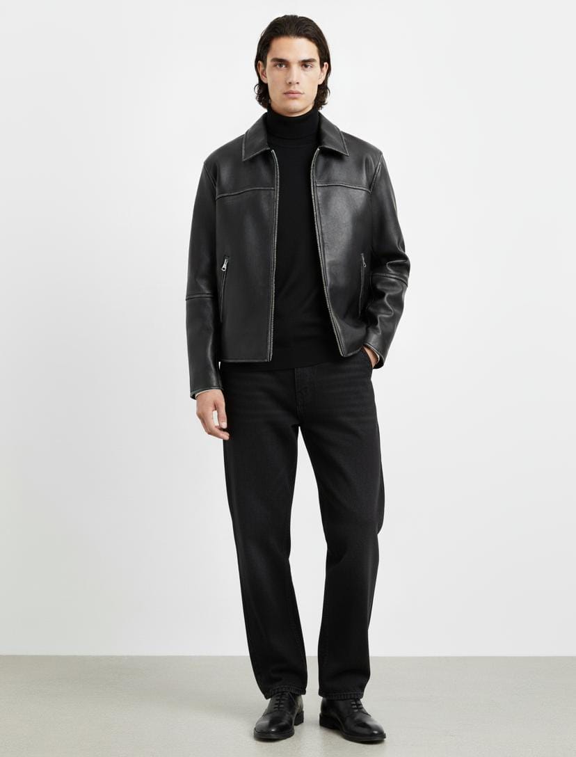 Premium Black Leather Zip-Front Collared Jacket