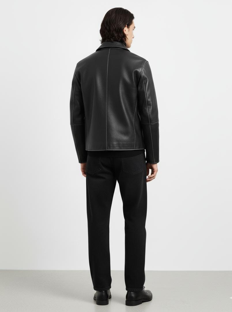 Premium Black Leather Zip-Front Collared Jacket
