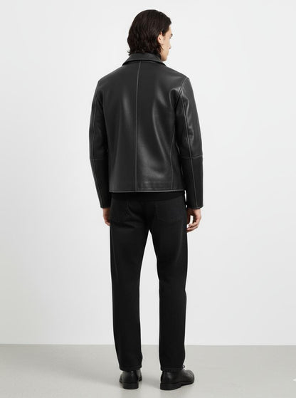 Premium Black Leather Zip-Front Collared Jacket