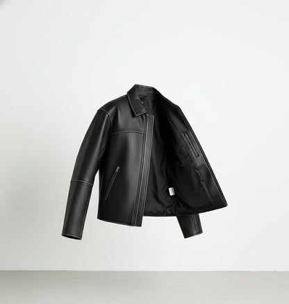 Premium Black Leather Zip-Front Collared Jacket