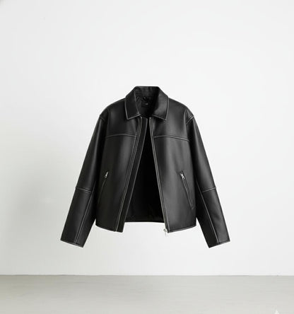 Premium Black Leather Zip-Front Collared Jacket