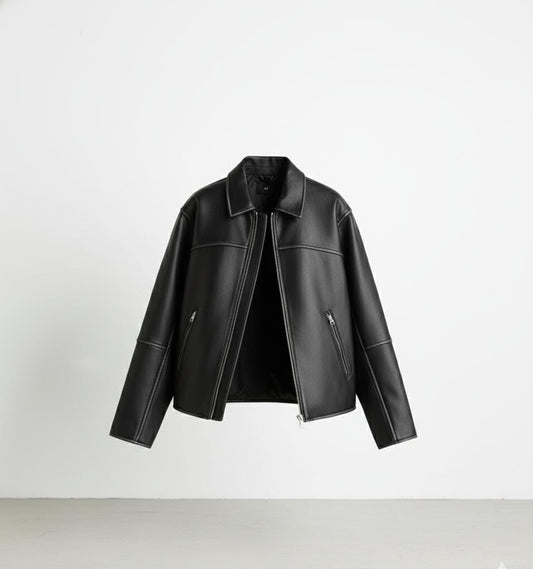 Premium Black Leather Zip-Front Collared Jacket